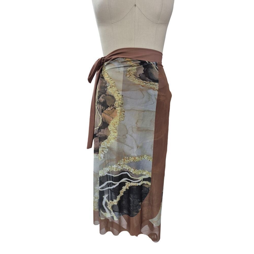 NWOT 1PC Bathing Suit+ Long Sarong Cover Up Set Brown/Gold Marble Sz XL - Picture 7 of 10